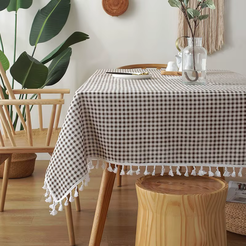 Petite nappe fraîche à carreaux nordique avec ourlet en dentelle, coton, lin, carte pour bureau, cou