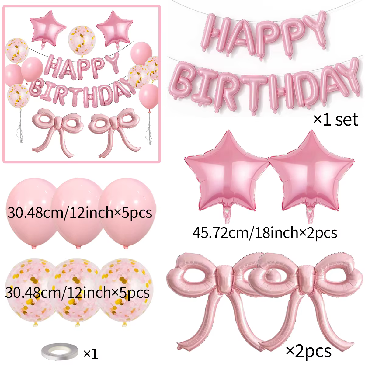 Ensemble de ballons roses avec nœud, lettres d'anniversaire, ballons confettis colorés pour fête de 