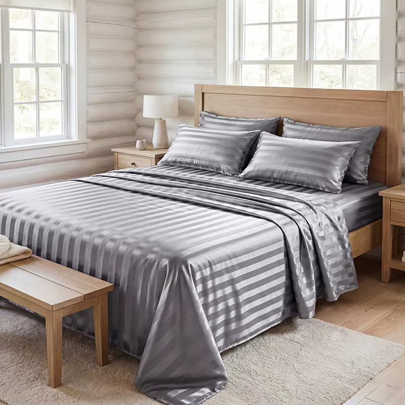 Parure de draps en satin rayé anti-plis, ensemble de literie soyeuse rafraîchissante avec drap-houss