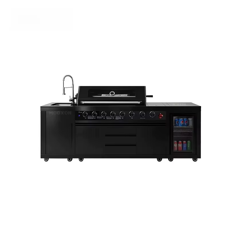 Cuisine extérieure personnalisée en acier inoxydable coloré avec barbecue 8 brûleurs, évier, armoire