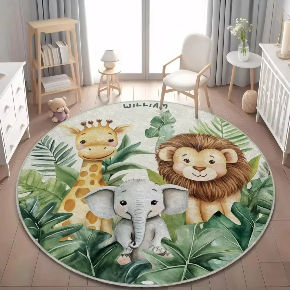 Tapis rond Animal Jungle Safari pour enfants, tapis de jeu pour chambre d'enfant, salle de jeux, thè
