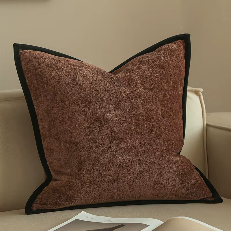 Ensemble de housses de coussin en chenille brodée de luxe, motif botanique doré, style bohème chocol