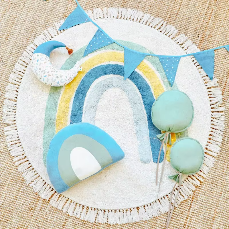 Tapis rond Lea avec pompon pour chambre d'enfant, décoration de la maison, polymères pour enfants, d