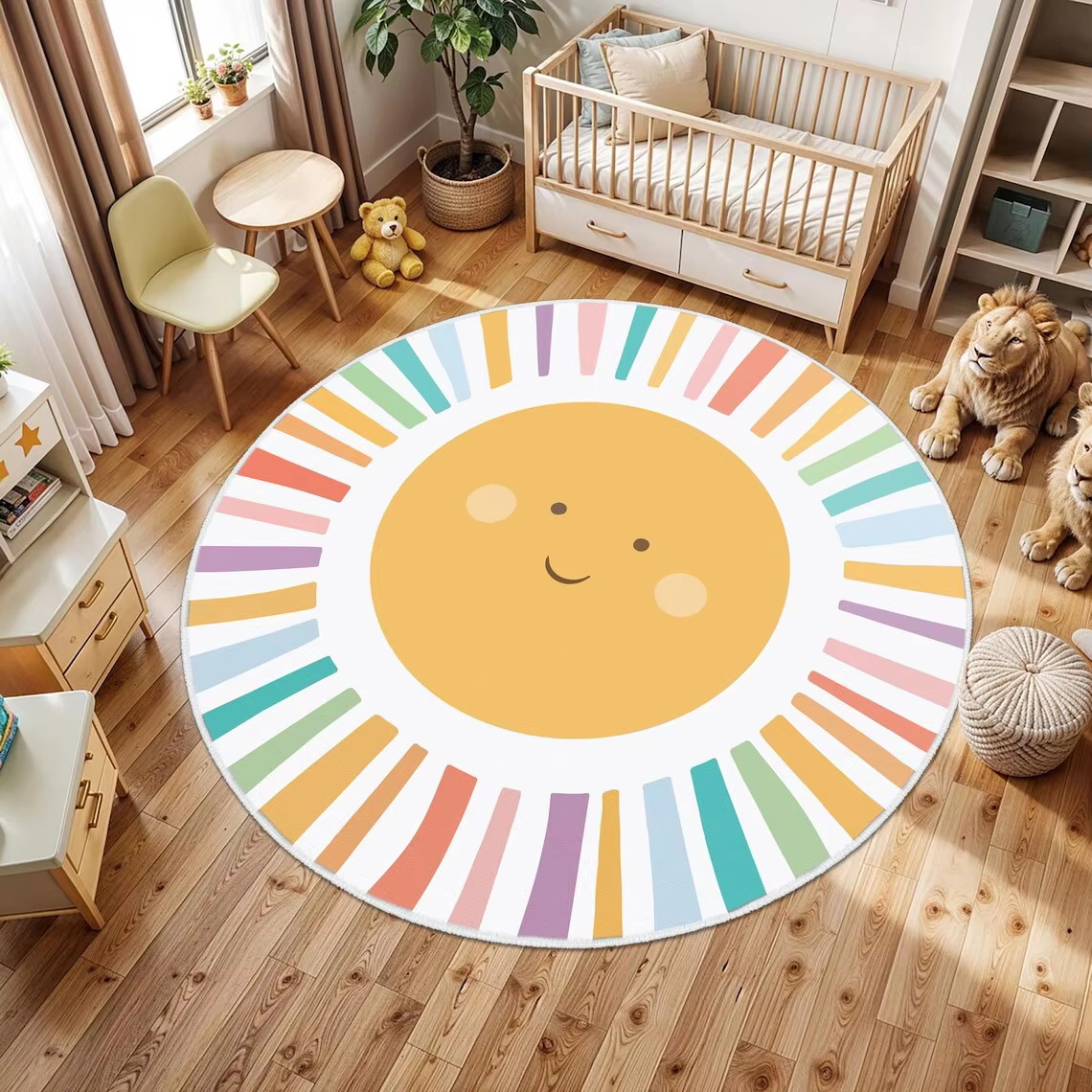Tapis rond arc-en-ciel pastel avec visage souriant mignon, antidérapant, pour chambre d'enfant et sa