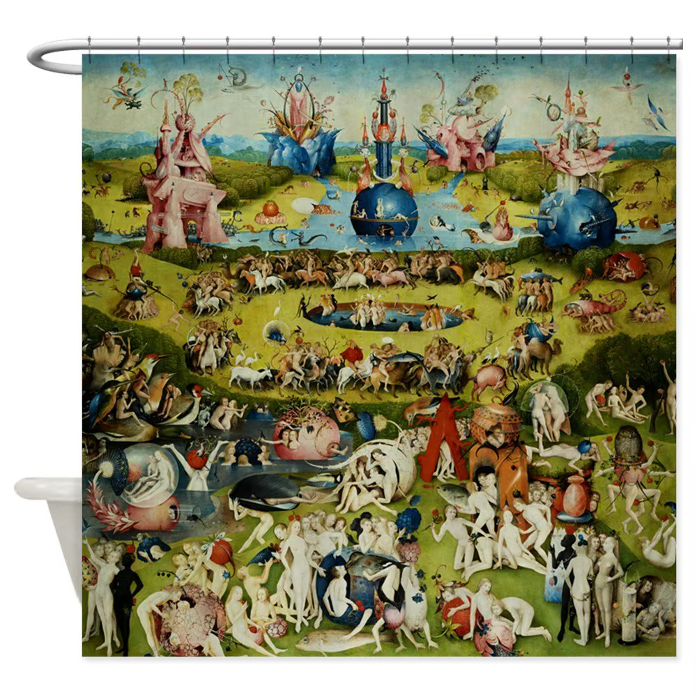 Rideau de douche décoratif en tissu, jardin des délices terrestres par Hieronymus Bosch