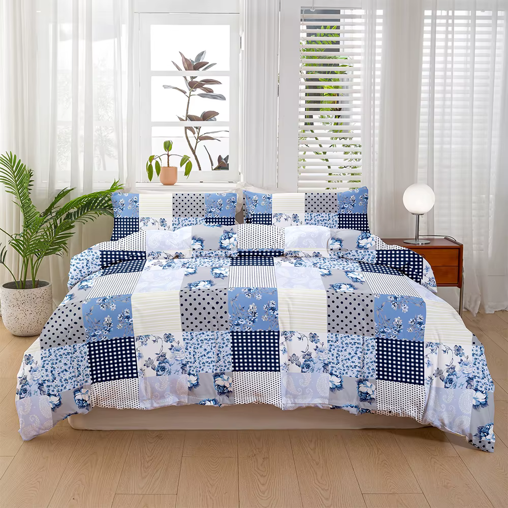 Ensemble de literie floral patchwork bleu frais 3 pièces, doux et respirant, universel toutes saison