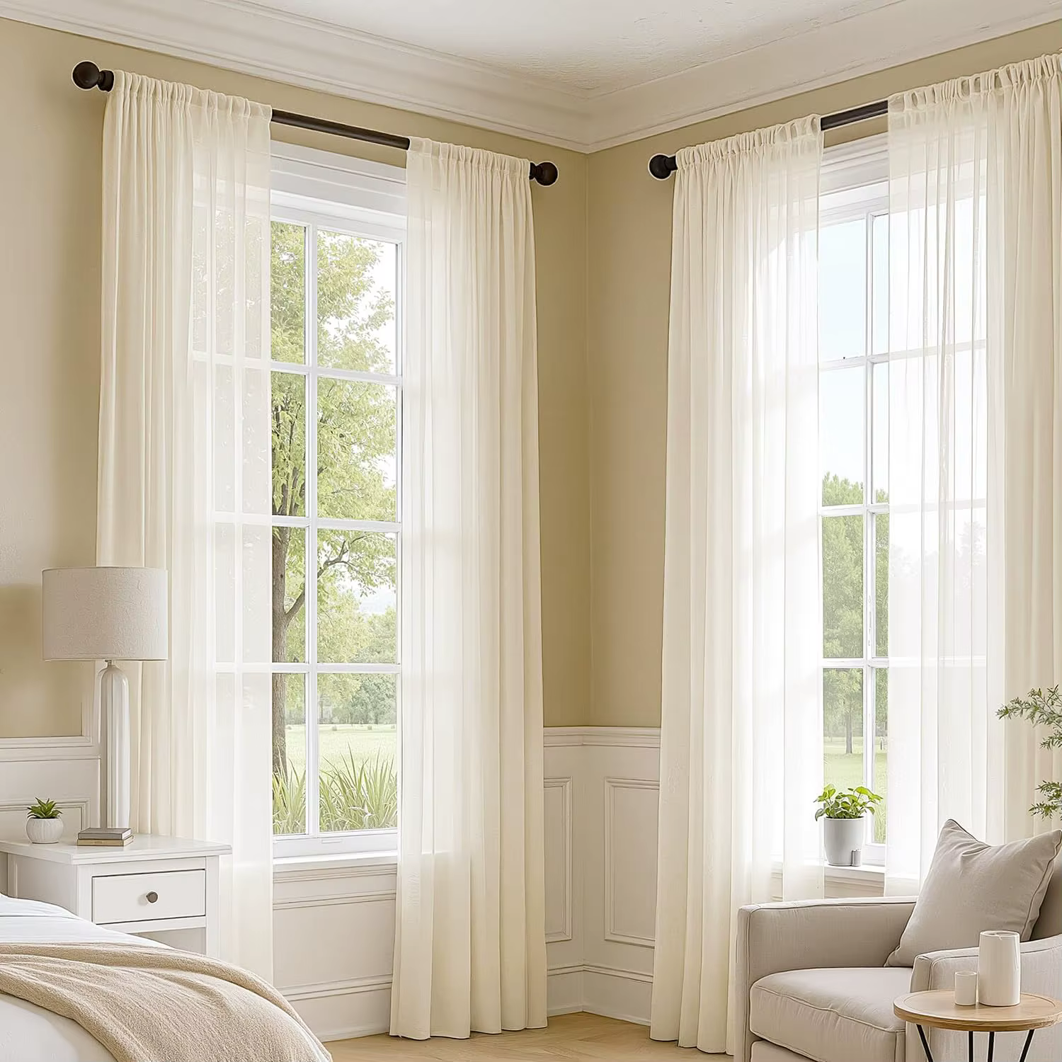 Rideaux transparents crème au beurre de 84 pouces de Long, ensemble de 2 panneaux, draperies en Voil