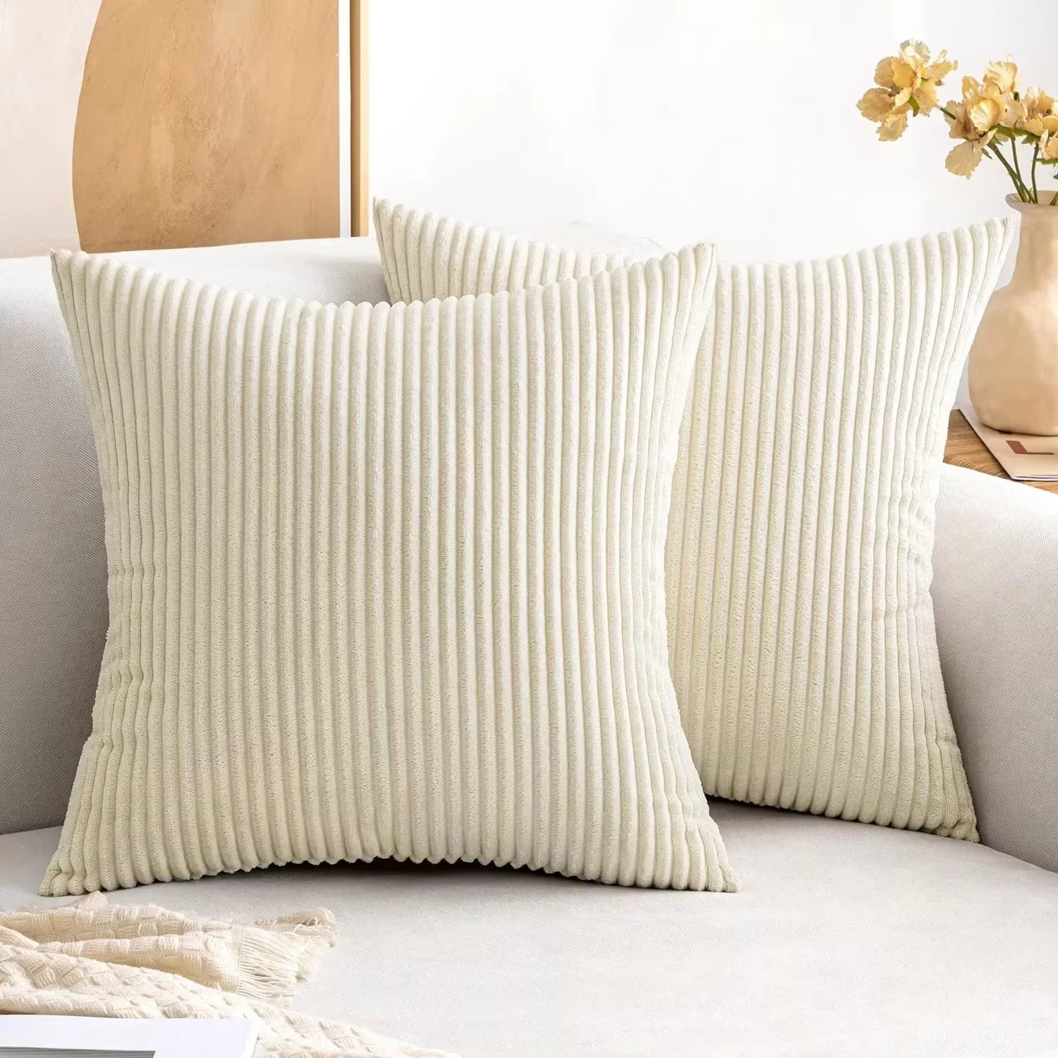 Housses de coussin décoratives vert sauge, 18x18 pouces, taies de coussin carrées rayées en velours 