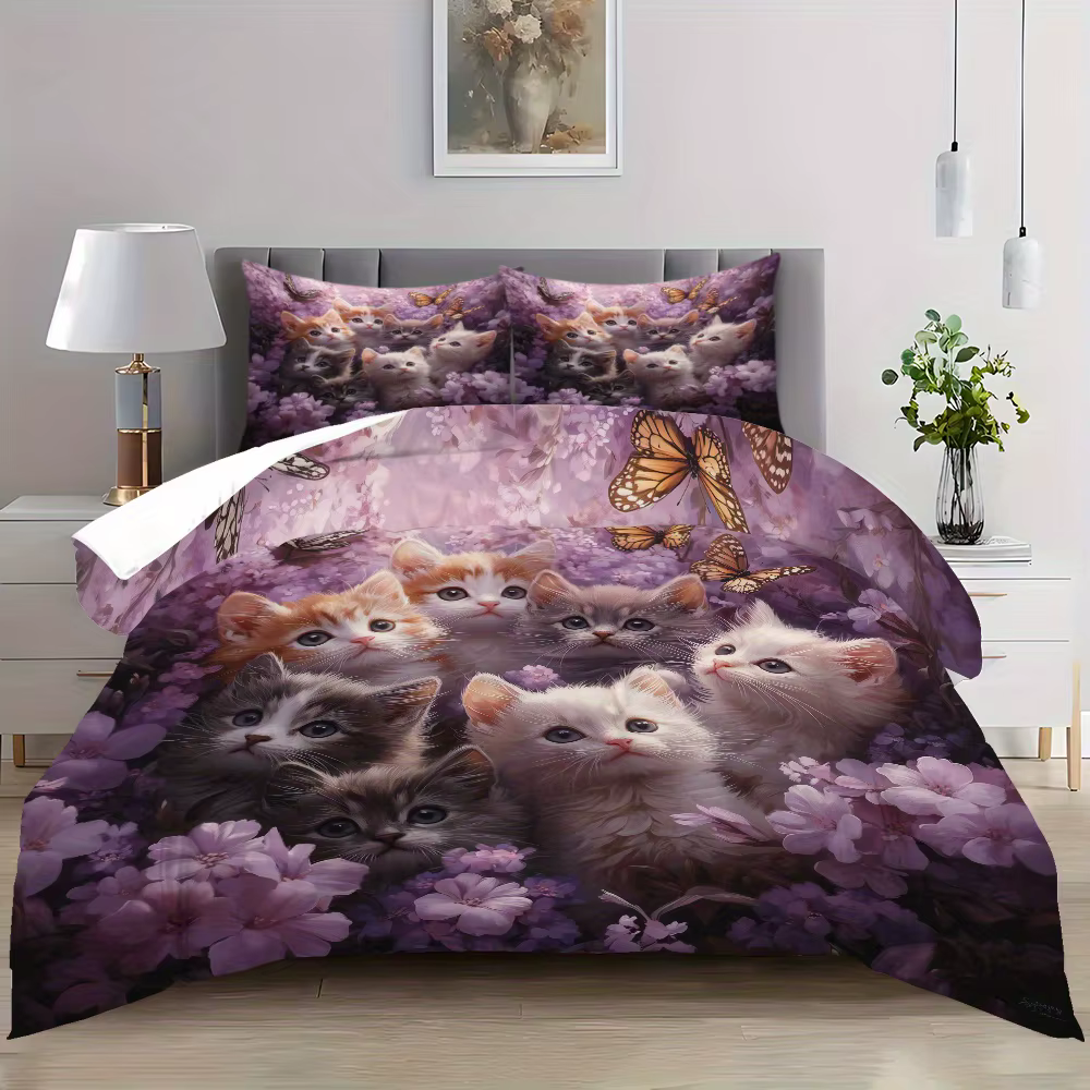 Parure de lit chat mignon, housse de couette imprimée en 3D, en Polyester doux, simple, Double, Quee