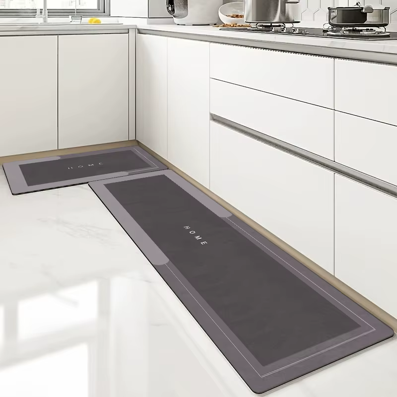 Nouveaux tapis de cuisine/salle de bain gris foncé avec bordure gris clair et impression « HOME » : 