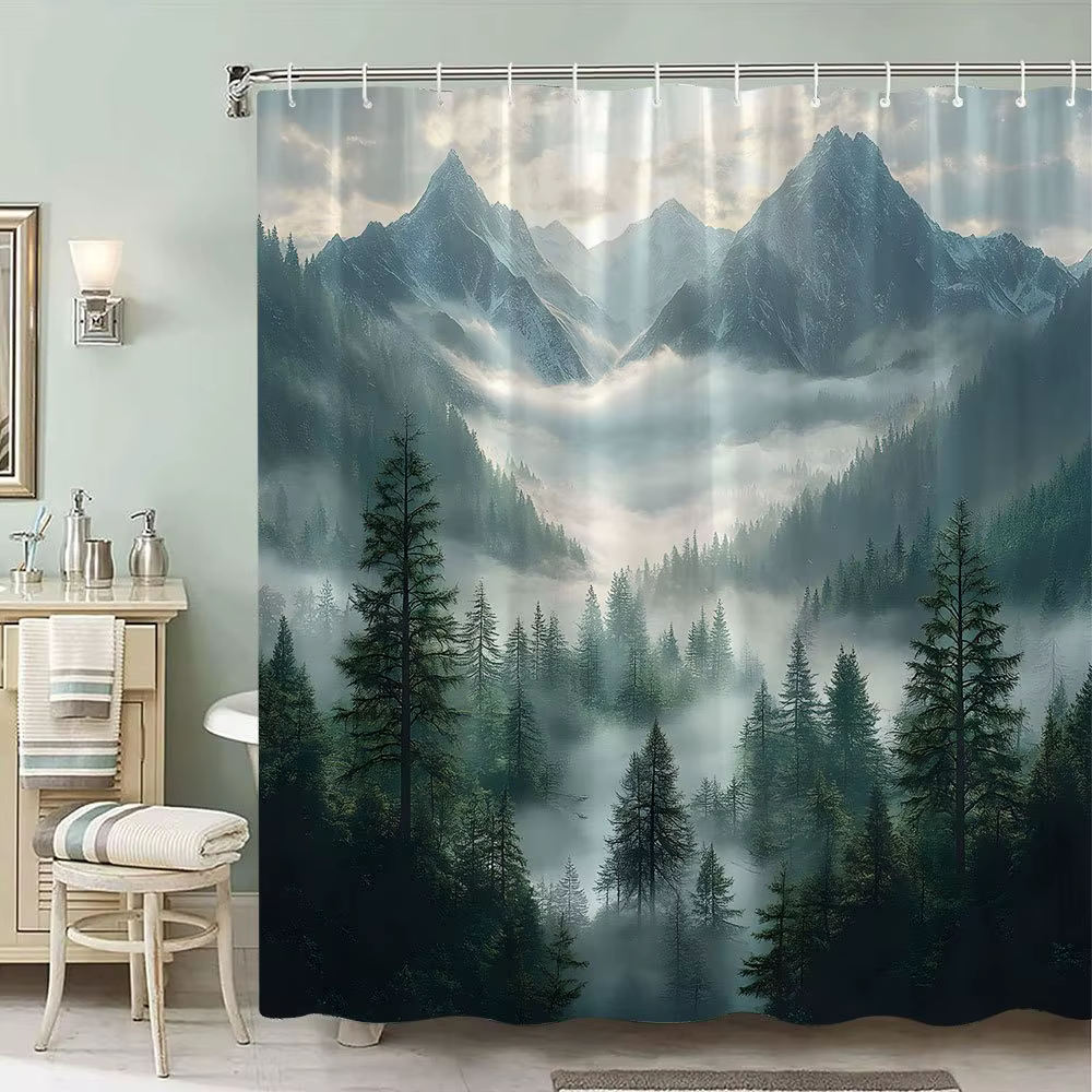 Rideau de douche imperméable Misty Mountain Forest pour décoration de salle de bain, design inspiré 