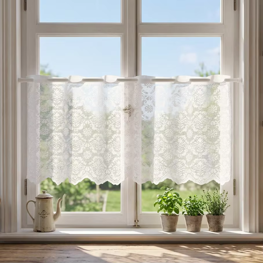 1 pièce Rideau en dentelle florale champêtre, semi-transparent, à bord ondulé, pour fenêtre de cuisi