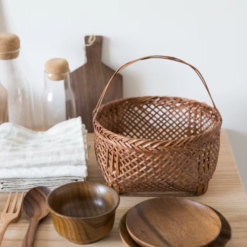 Panier en bambou artisanal Vintage, rangement de cuisine, organisateur de légumes et de fruits pour
