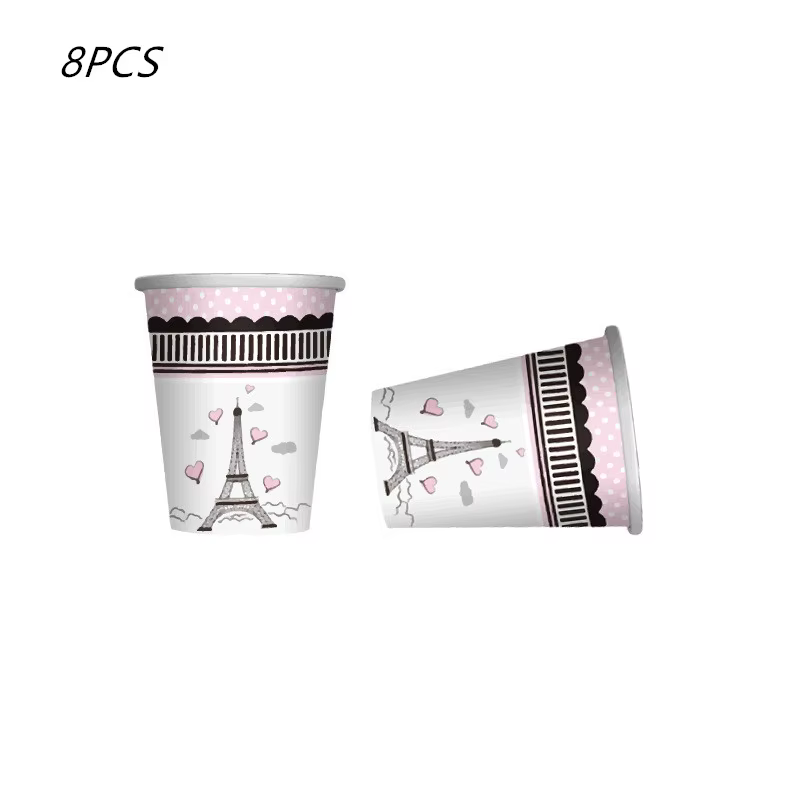 Parigi fête vaisselle jetable tasse assiette ensemble rose Paris joyeux anniversaire bannière tour E