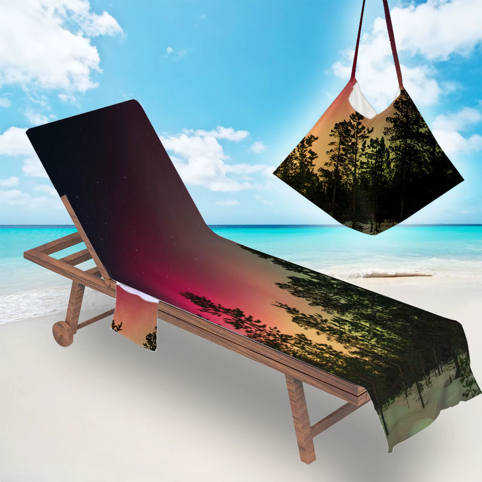 Housse de serviette pour chaise longue au coucher du soleil, housses de chaise de plage en cocotier 
