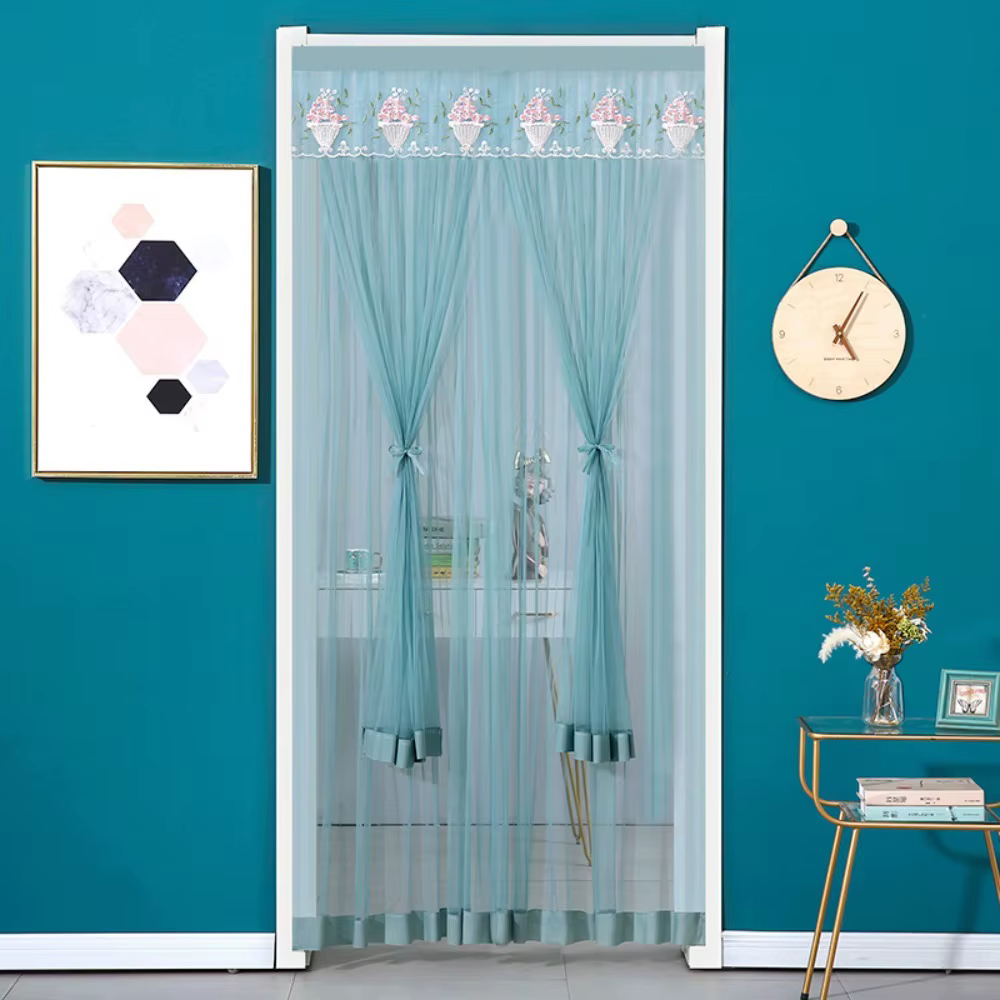 Rideau de porte double couche en dentelle brodée, sans perçage, anti-moustiques, rideau d'entrée aut