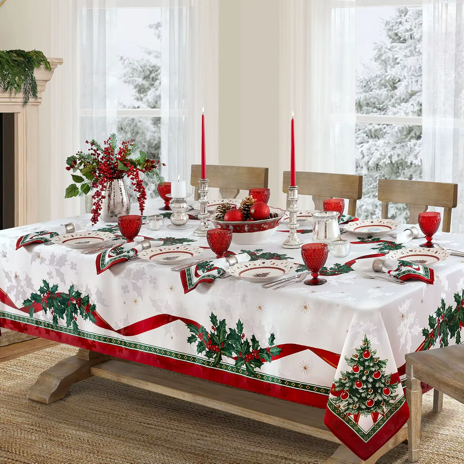 Nappe rectangulaire de noël, nappe Design Poinsettia pour fête du nouvel an et dîner, nappe de décor