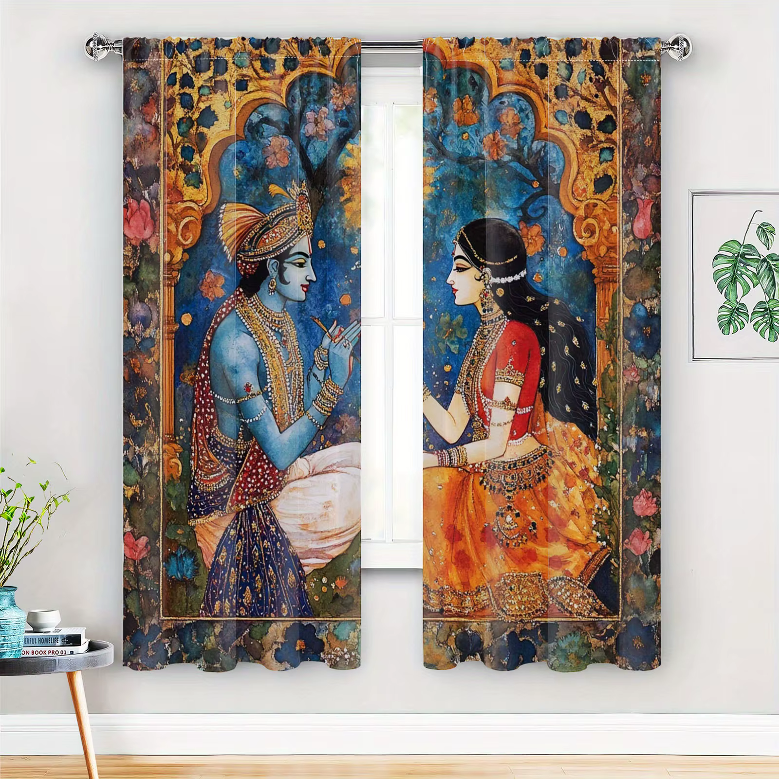 Rideaux VIKAMA en 2 pièces sur le thème de la mythologie indienne, adaptés à la chambre à coucher et
