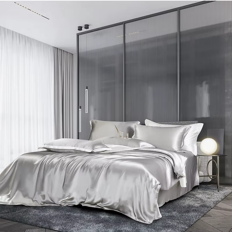 Parure de lit en Satin soyeux, drap de lit, taie d'oreiller, housse de couette, couleur unie, King, 