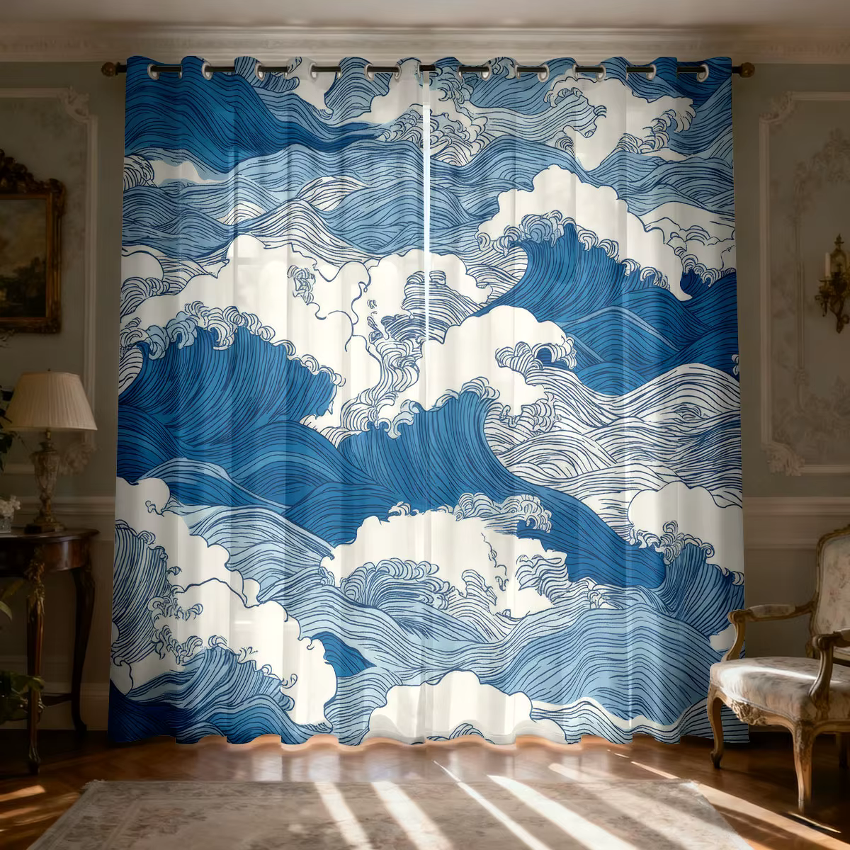 Rideau imprimé vagues bleues, 2 pièces, 90 g/m², décoration de chambre à coucher et de salon, plusie