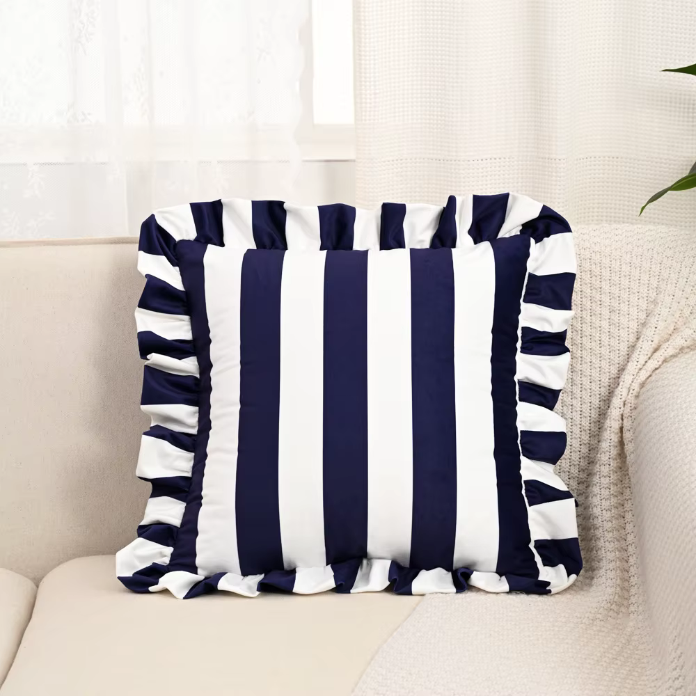 Taie d'oreiller carrée classique à rayures bleues et blanches, housse de coussin en velours avec gar