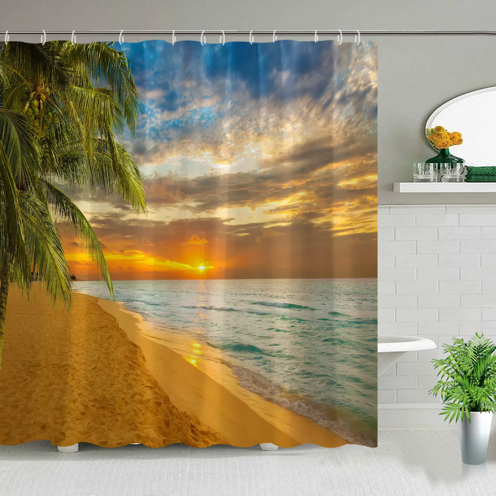 Rideau de douche extérieur paysage hawaïen, île plage noix de coco océan Tropical paysage naturel su
