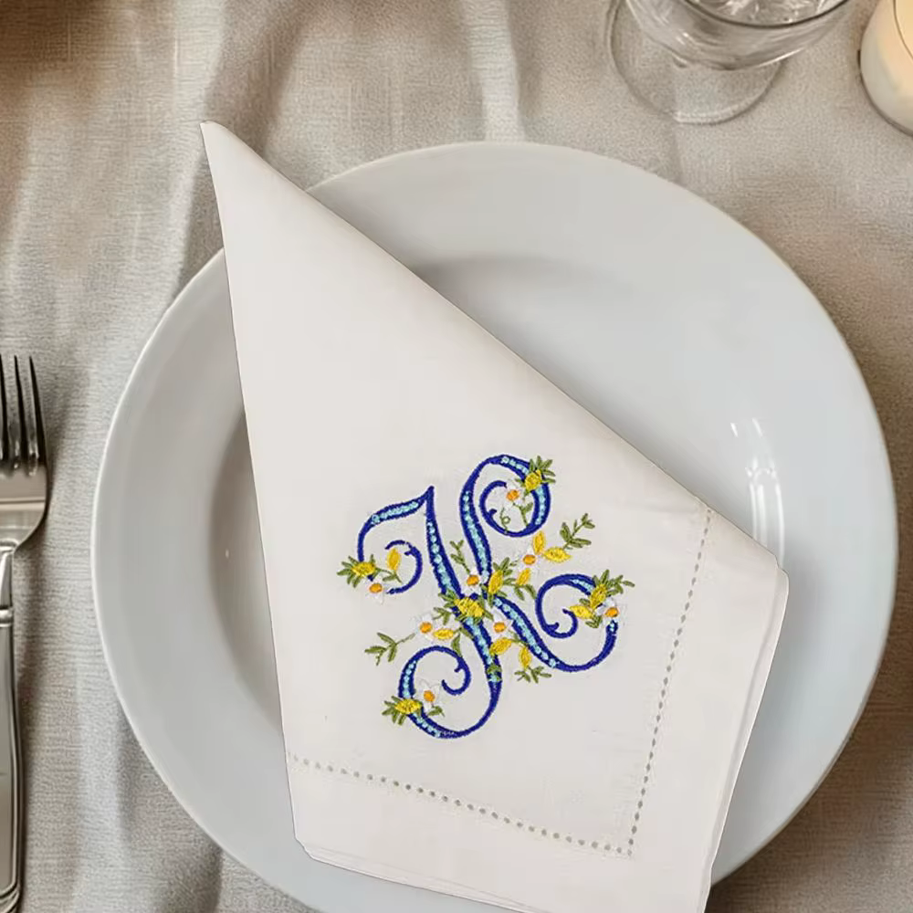 Nouveauté, serviette en lin pur à 100 %, broderie monogramme citron, 42x42 cm (16,5 x 16,5 po), serv