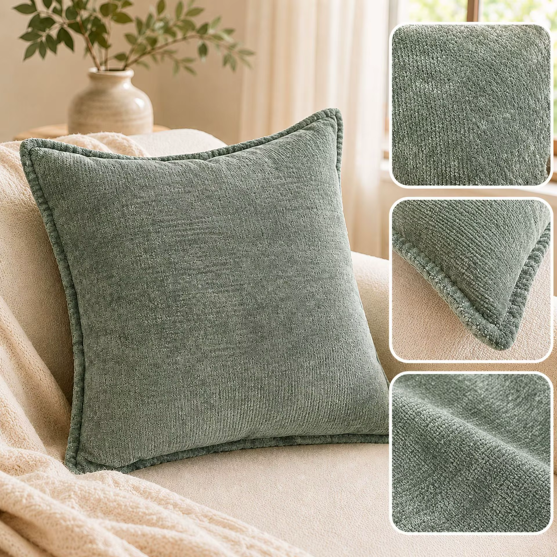 Housse de coussin bohème vert sauge et crème, brodée vintage avec pompons, en velours doux matelassé