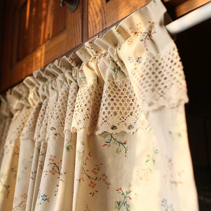 Rideaux courts floraux en lin de style pastChevcoréen, demi-rideau en dentelle pour porte de fenêtre