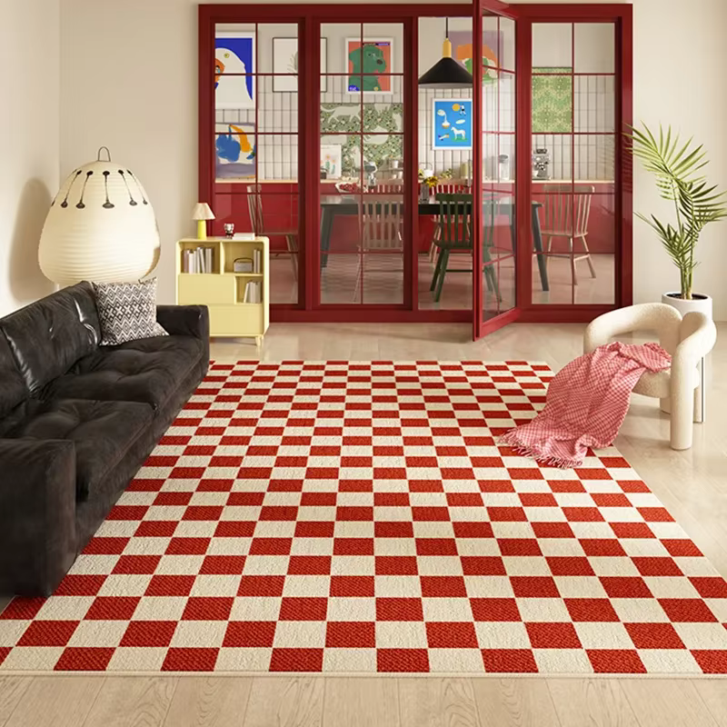 Tapis à motif écossais pour chambre à coucher, décoration de salon en Dopamine, rouge, lavable, doux