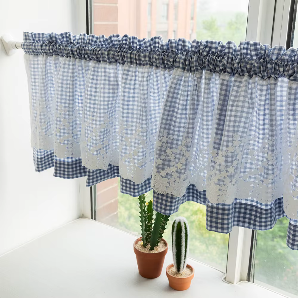 1 pièce, Rideau court de style pastoral, demi-rideau décoratif, à carreaux avec dentelle en tulle, i
