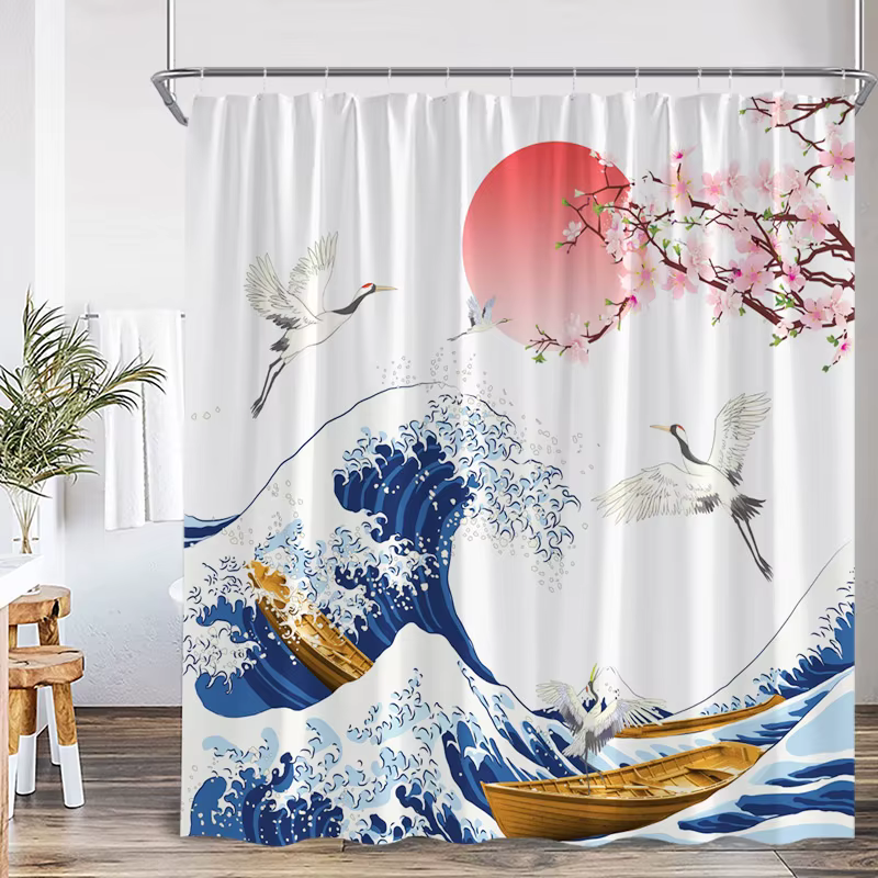 Rideau de douche de Style japonais, fleur de cerisier rose, grue florale blanche, montagne, carpe Ko