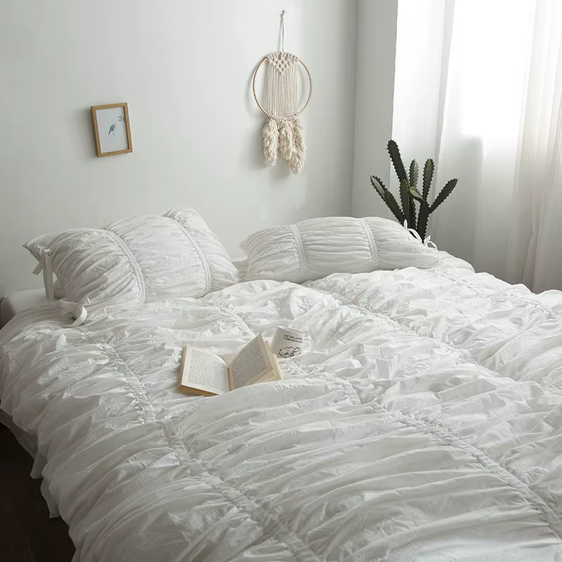 Parure de lit 100 % coton lavé à volants, housse de couette blanche, taille Queen/King avec nœuds, u