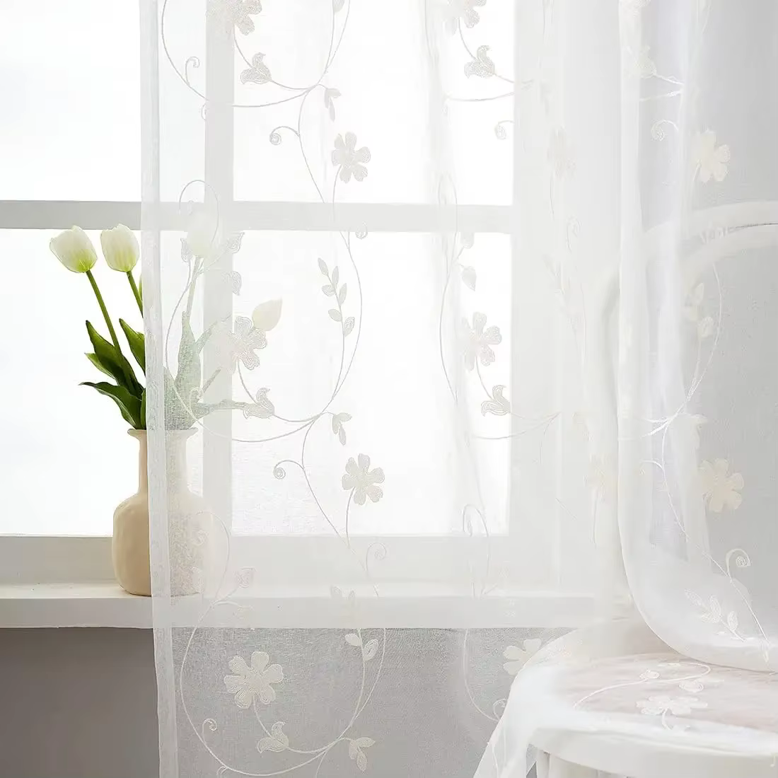 Rideau transparent blanc sur mesure, grande largeur, rideau brodé pour fenêtre, salon, chambre à cou