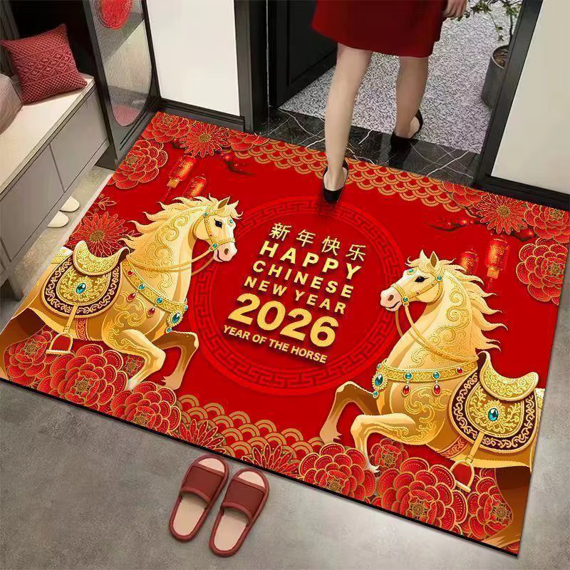 Tapis de sol pour le Nouvel An chinois, décoration de la maison, année du cheval 2026, rouge or, che