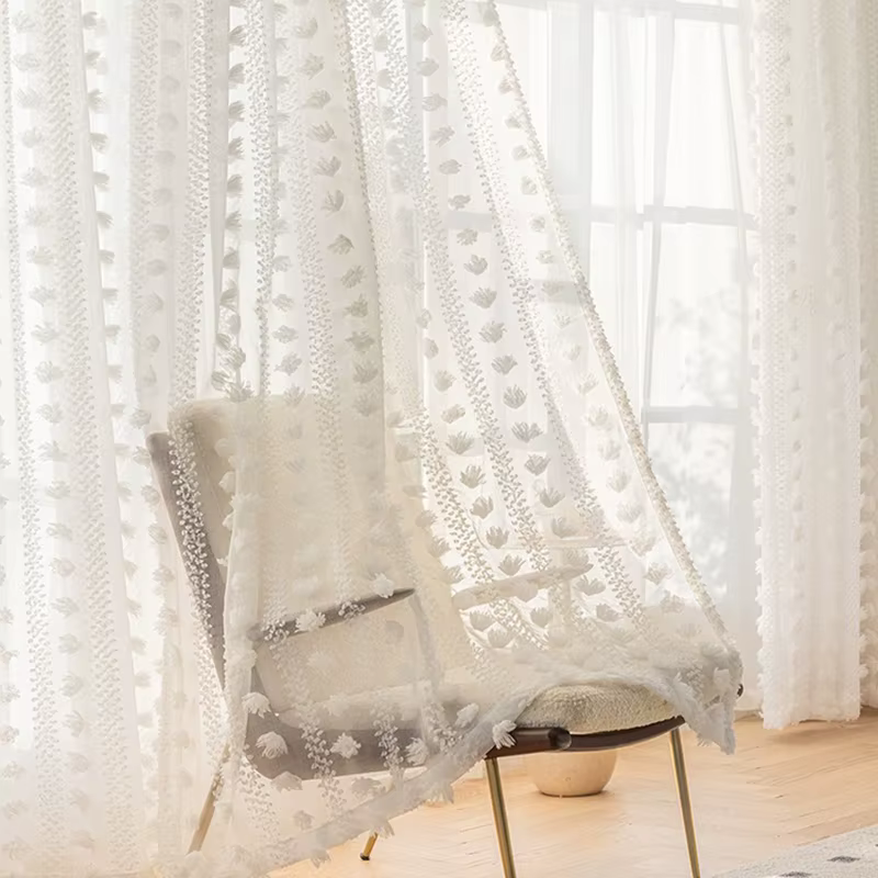 1/2 pièces Rideau en gaze blanc à pois français, transparent, luxe léger, haut de gamme, adapté au s