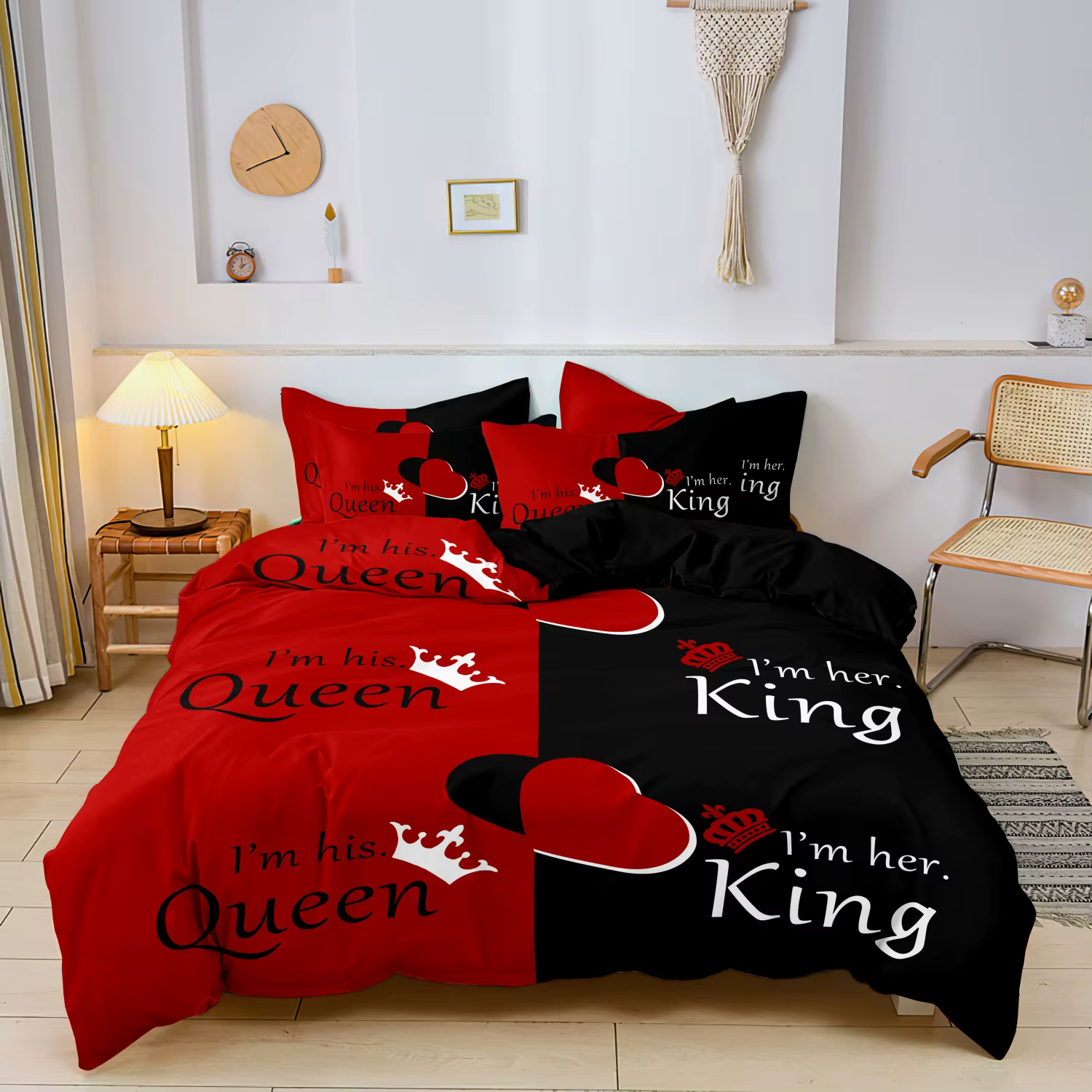 Ensemble de literie 3 pièces rouge et noir avec motif couronne et lettres anglaises, idéal pour cham