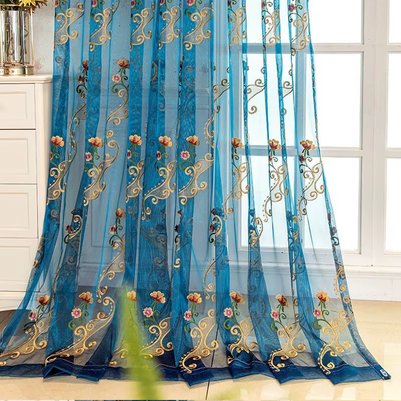 Rideaux de gaze transparents bleus brodés haut de gamme de campagne de Style coréen pour rideaux de 