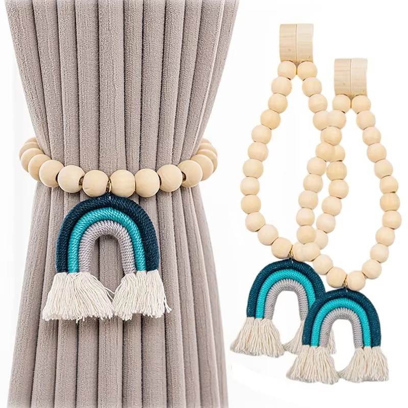 Guirlandes de perles style Boho, 2 pièces, embrasses de rideaux, pompon arc-en-ciel, corde de rideau