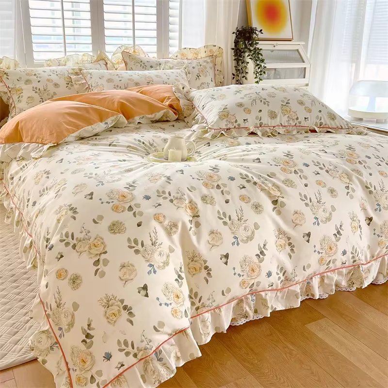 Ensemble de housse de couette 100% coton à volants ou housses de couette simples, Style princesse Fl