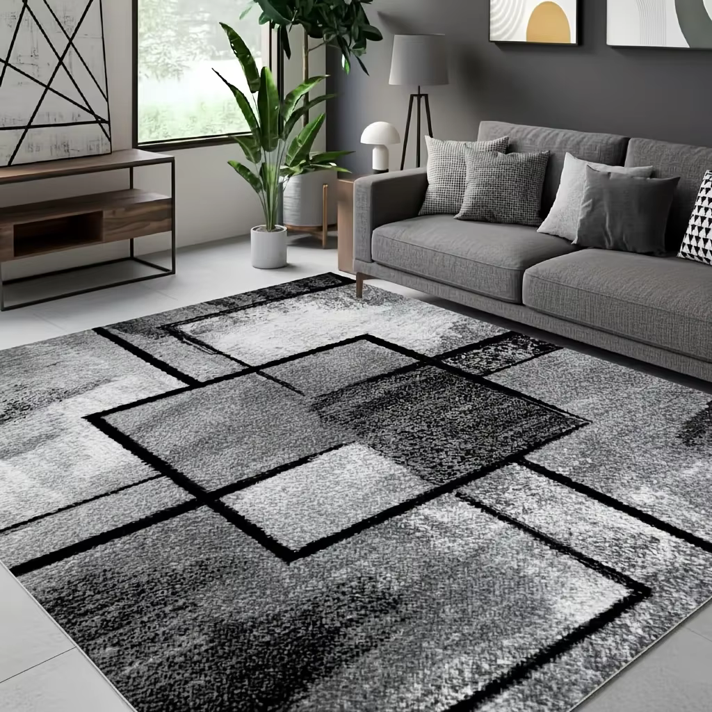 VIKAMA Tapis carré géométrique moderne gris et noir, antidérapant, lavable, doux, pour salon, chambr