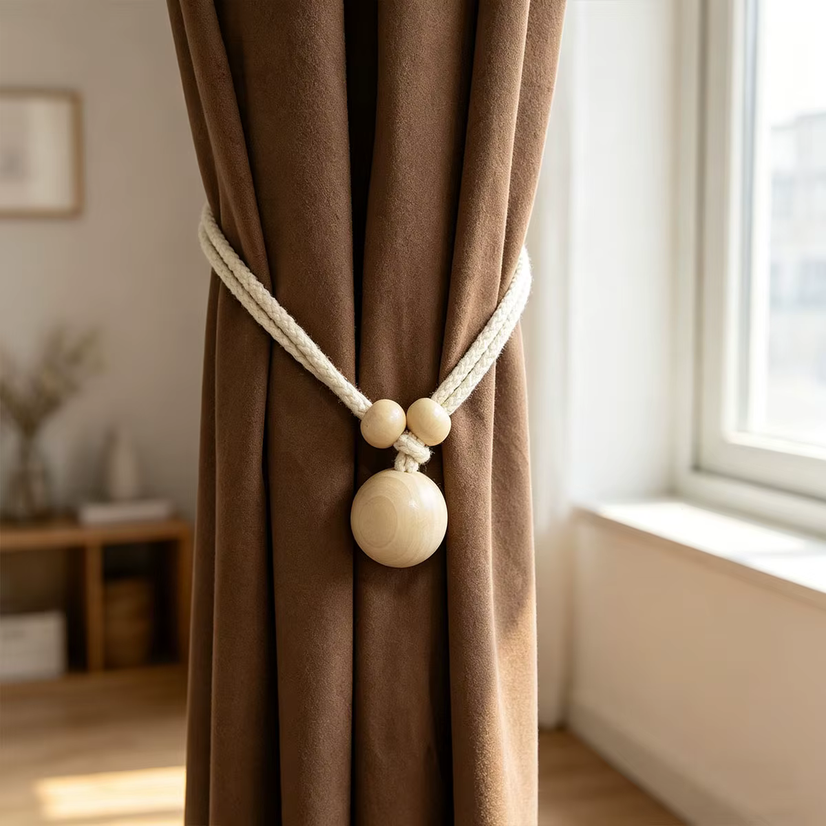 2 attaches élastiques pour rideaux en perles de bois naturel, sans perçage, pour chambre et salon