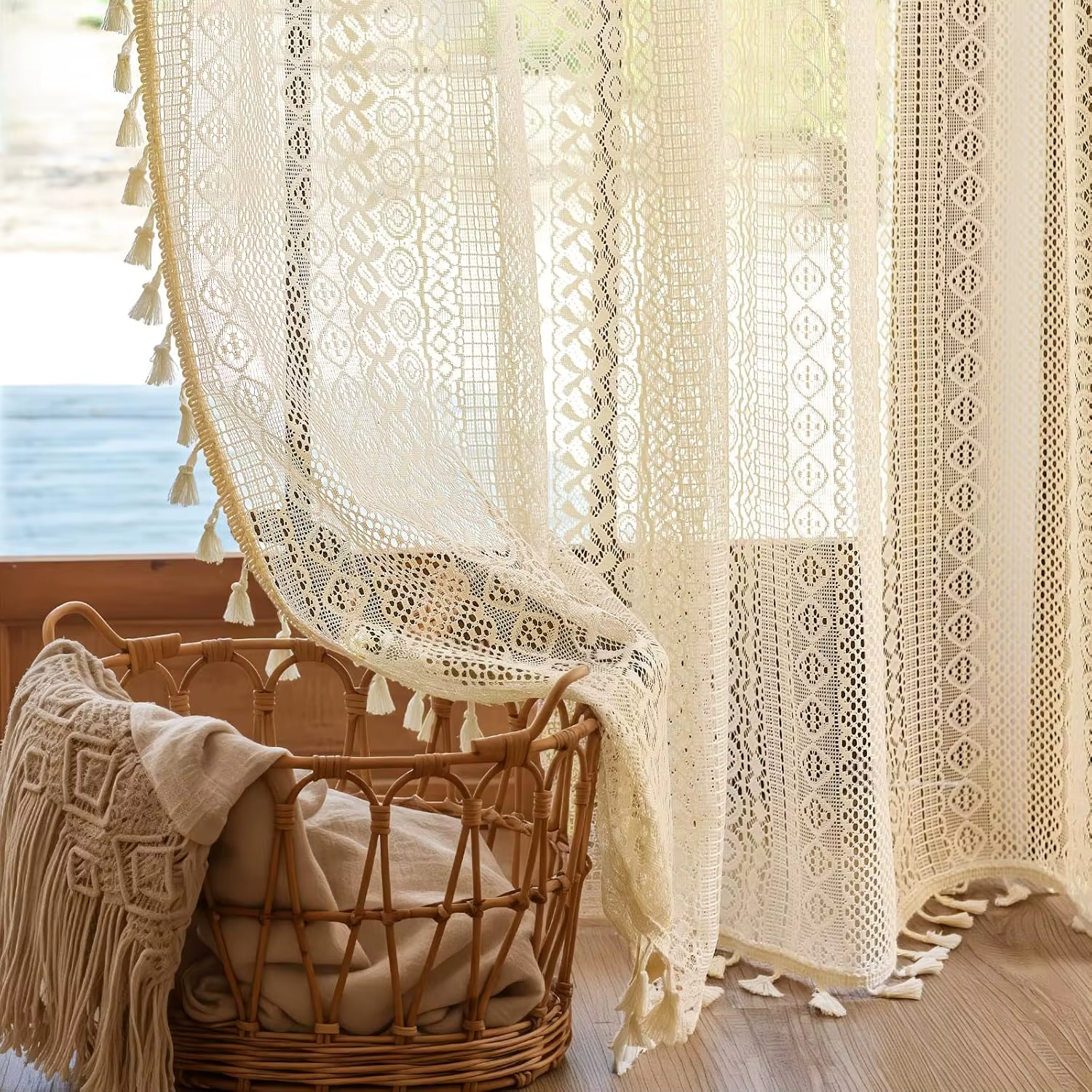 Rideau Boho en dentelle au Crochet, semi-transparent, ajouré, avec pompons tricotés, pour salon, dra