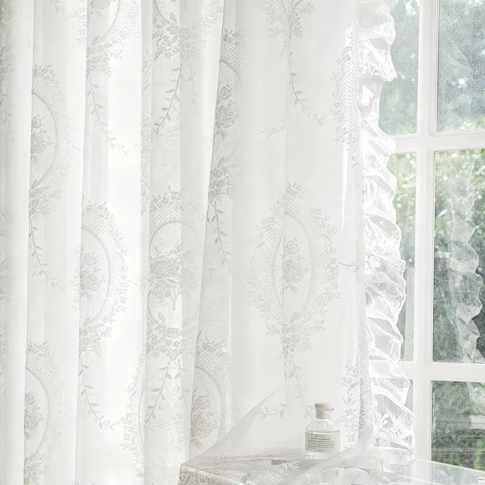 Rideau transparent brodé en dentelle à volants, Vintage français, pour chambre à coucher, balcon, sa