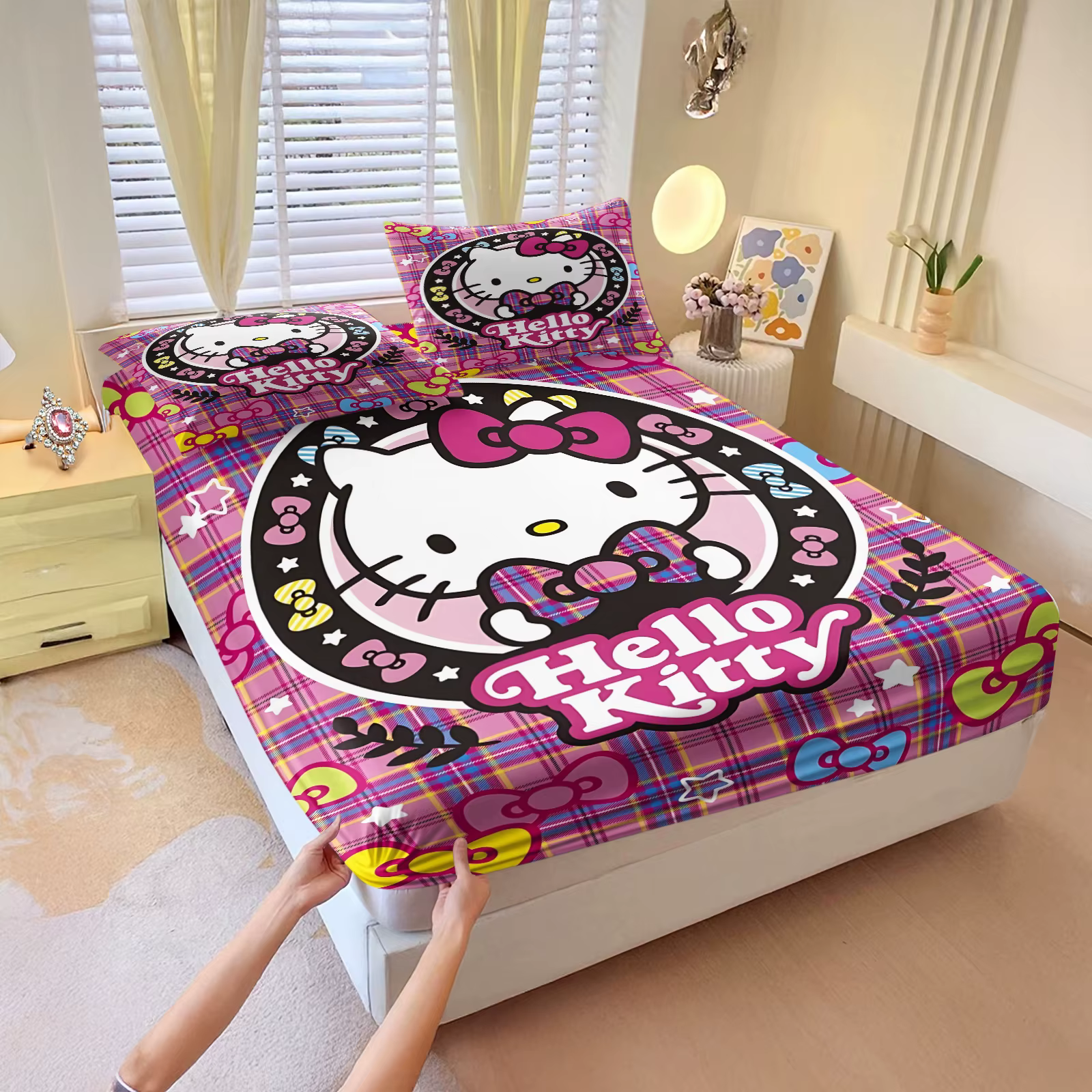 Ensemble de draps ajustés Kawaii Hello Kitty, 3 pièces, avec 2 taies d'oreiller, drap de lit violet,