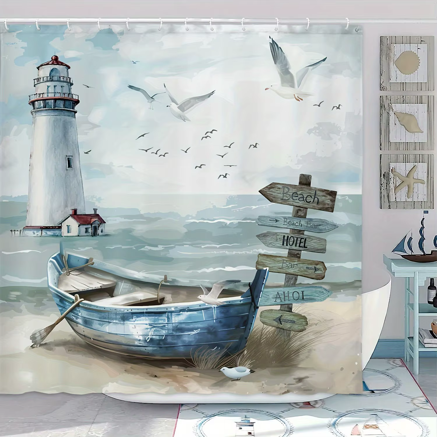 Rideau de douche côtier nautique, design phare océan et voilier, décor bleu sarcelle avec crochets, 