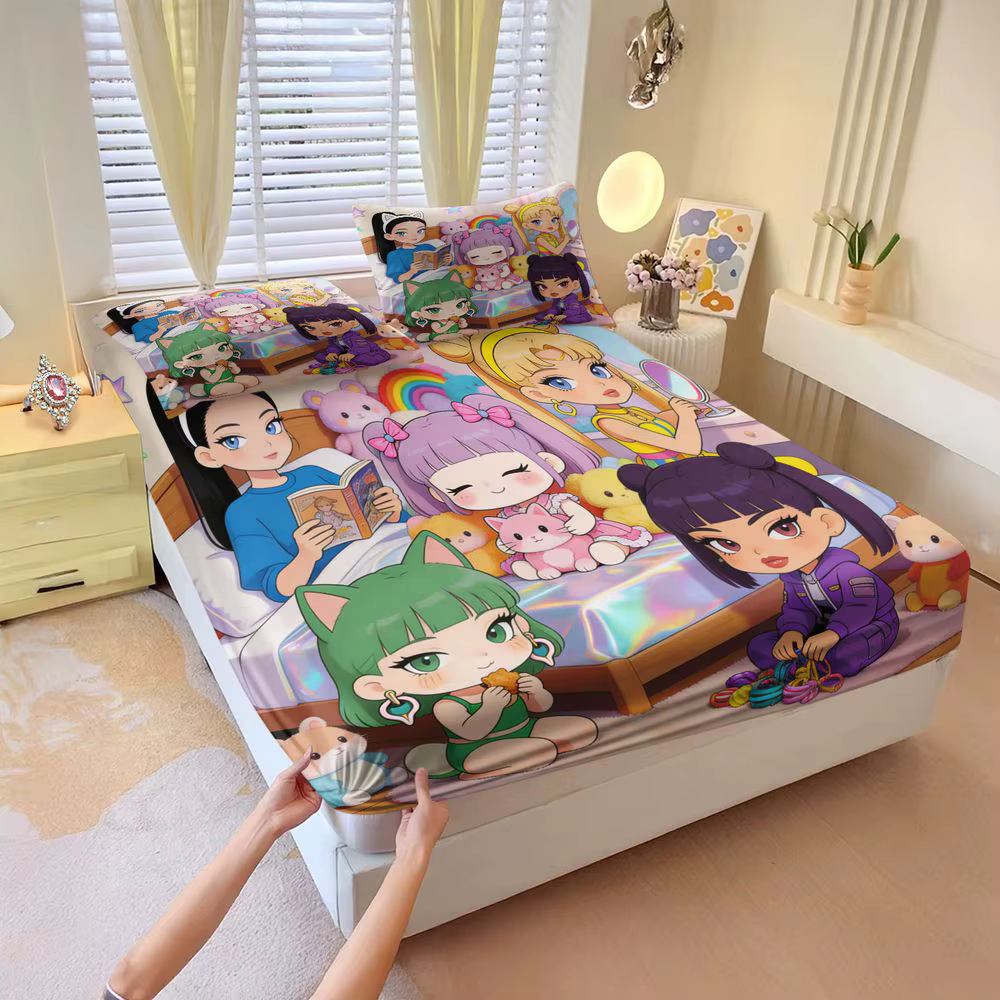 Ensemble de draps ajustés imprimés Cute Chibi BUBBLE WORLD, ensemble de draps de lit, impression num