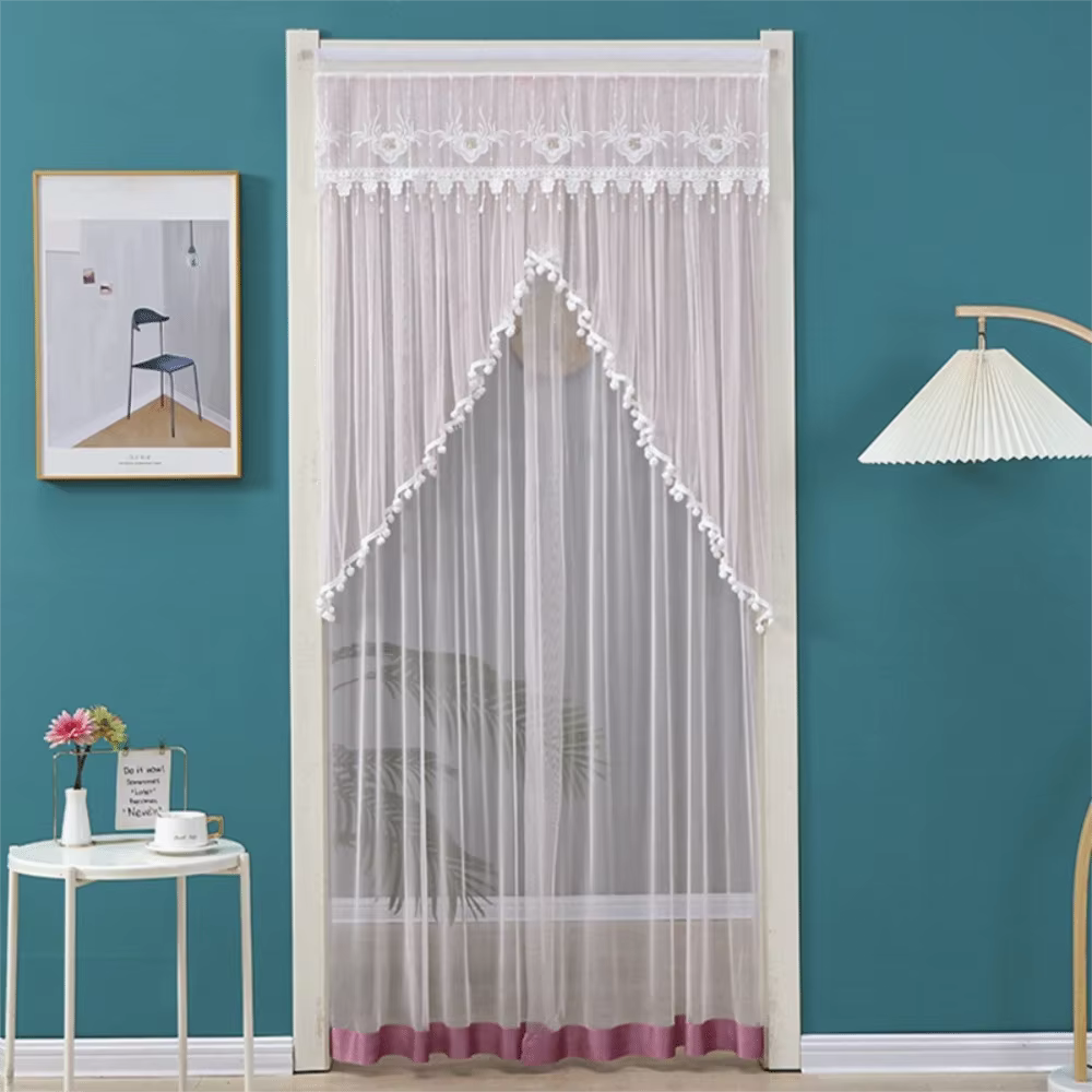 Rideau de porte double couche en dentelle transparente, respirant, brodé, anti-moustiques, sans perç