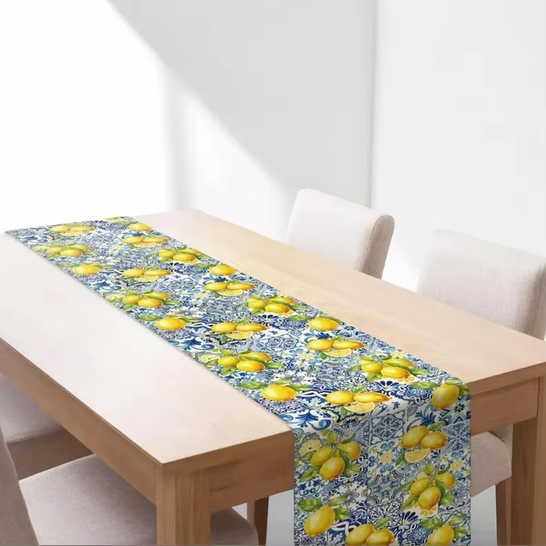 Chemin de table en lin motif citron, style bohème et rustique, pour la maison, la salle à manger, le