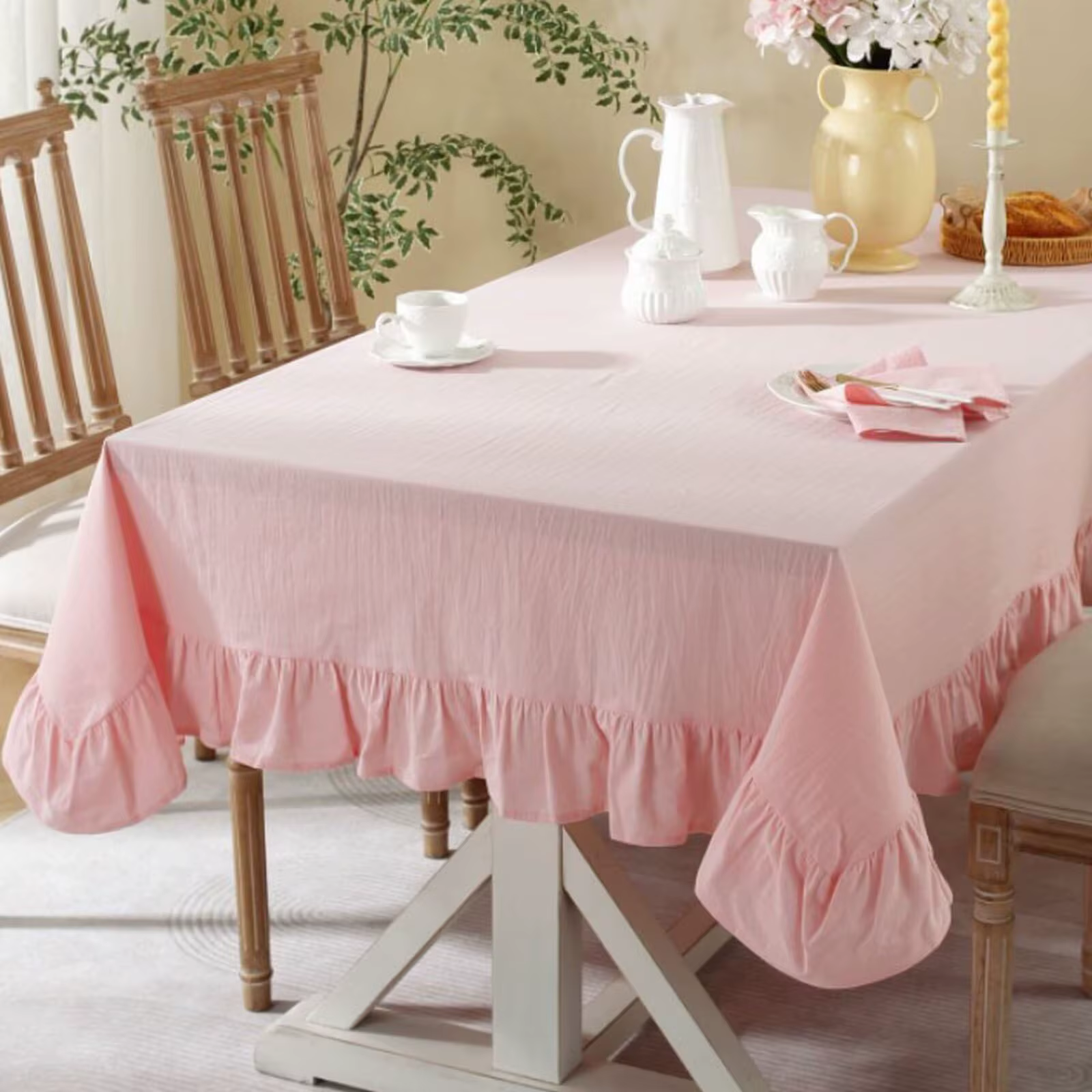 Nappe à volants de couleur unie, couverture de Table carrée rectangulaire en coton, décoration pour 